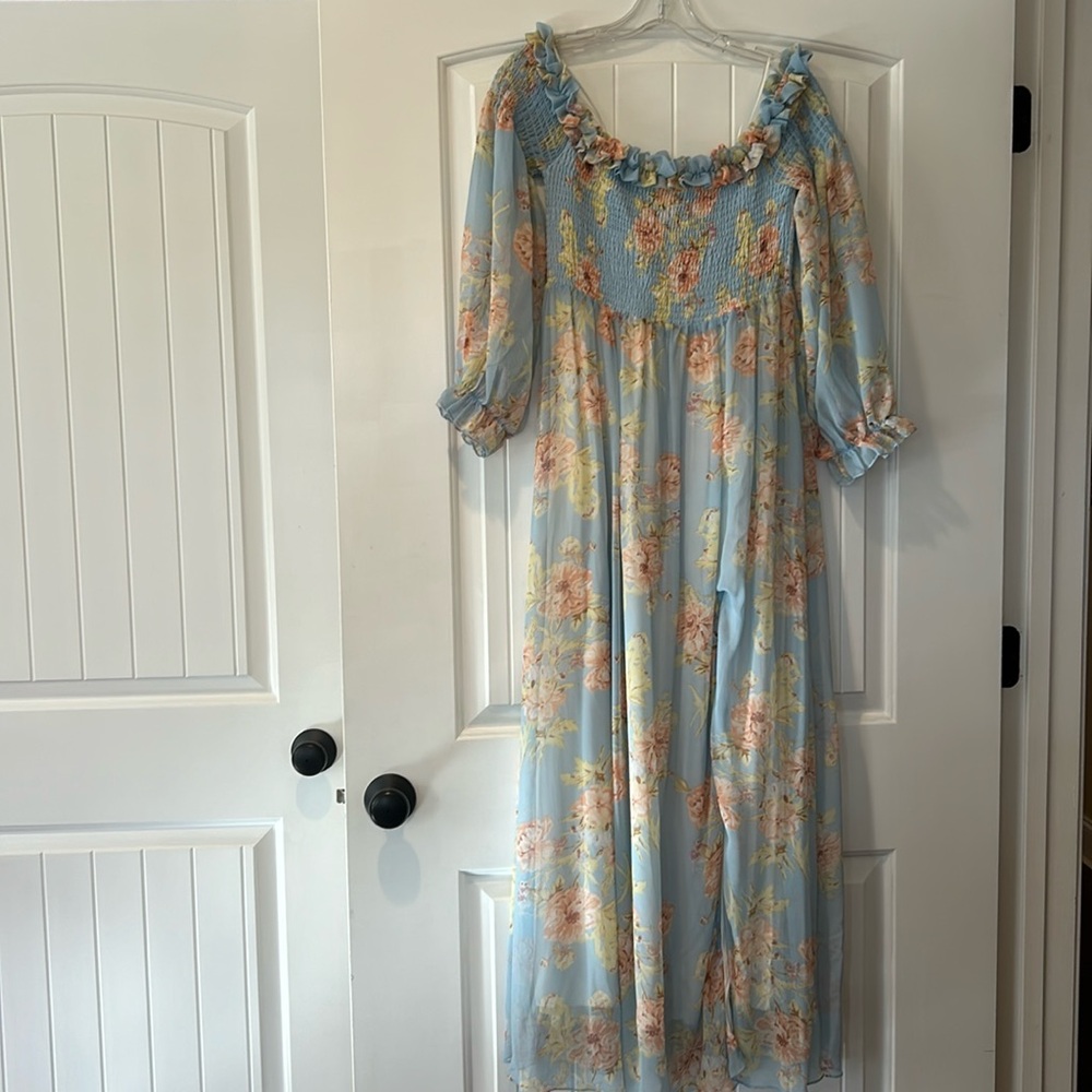 Aakaa Blue And Pink Floral Ruffle Off The Shoulder Long Sleeved Dress - Picture 2 of 11